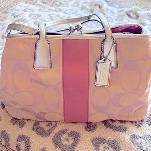 Coach Pink Stripe Handbag with Silver Accents